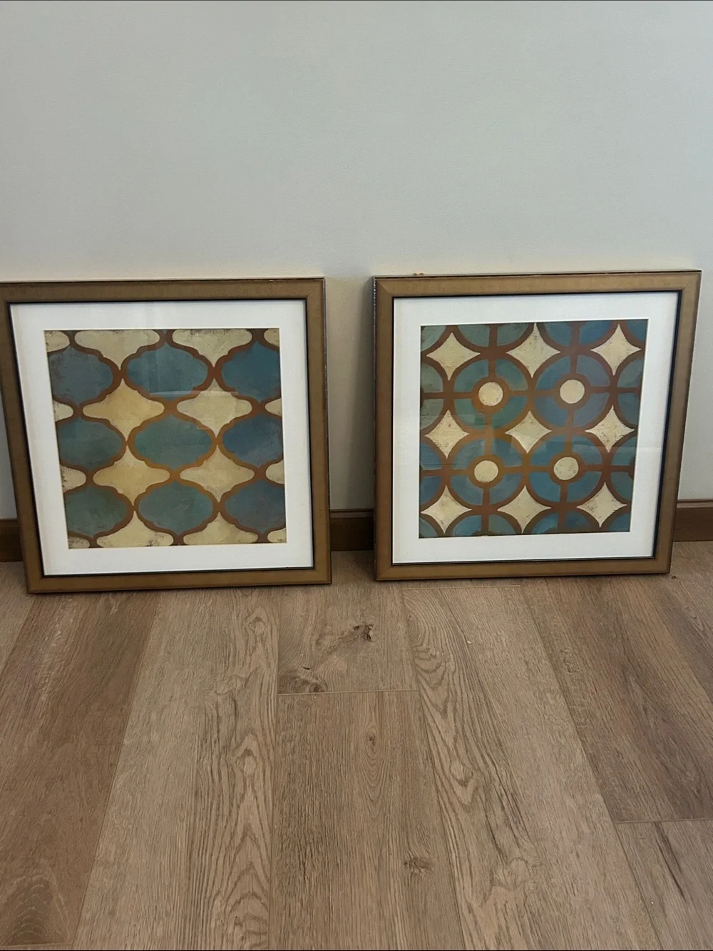 Set of 2 Framed Geometric Wall Art Prints in Teal and Gold